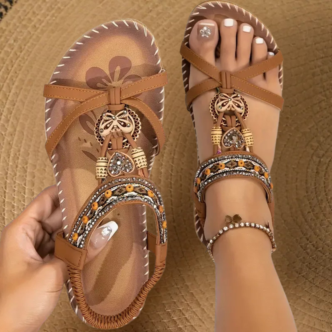 Linde | T-Strap Flat Sandals With Embellishments For Women
