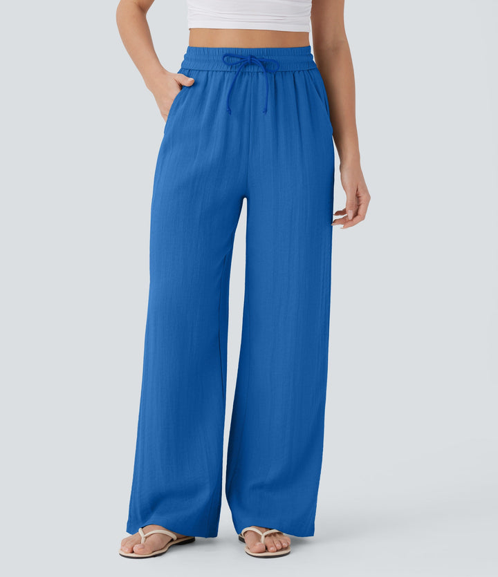 2026🔥 High Waisted Drawstring Pocket Wide Leg Casual Linen-Feel Pants