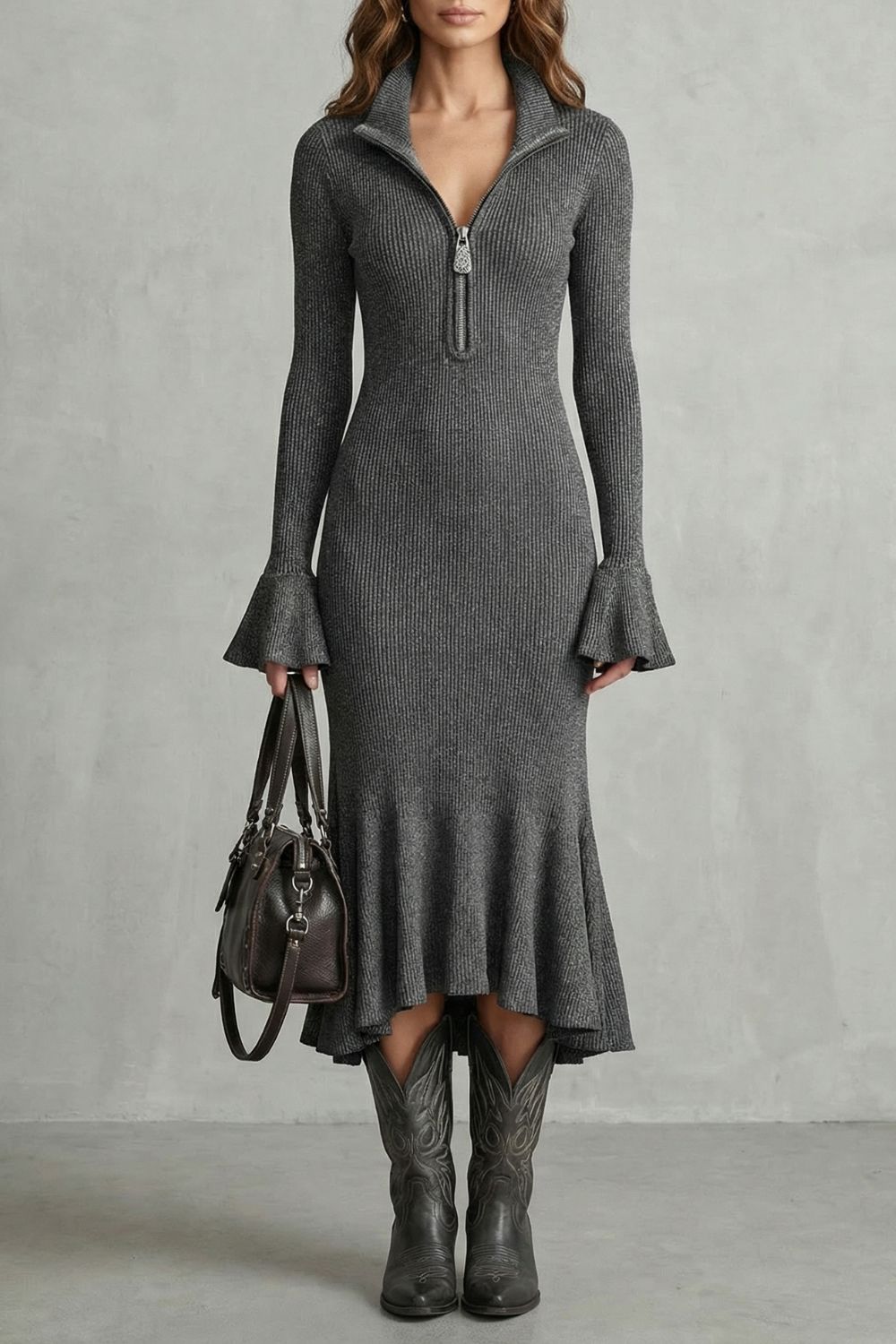 Veloria – Flared Cuff Elegance – Zip Midi Dress