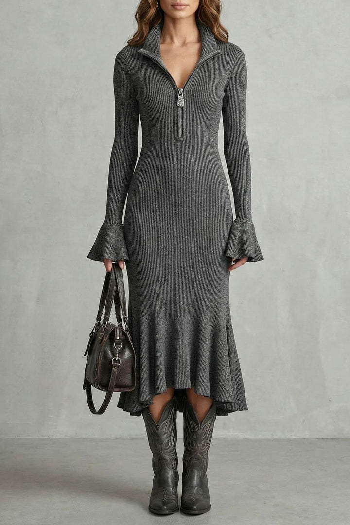 Veloria – Flared Cuff Elegance – Zip Midi Dress