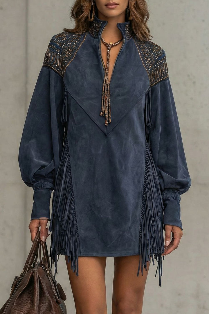 Calvetta – Embroidered Fringe Detail – Tunic Mini Dress