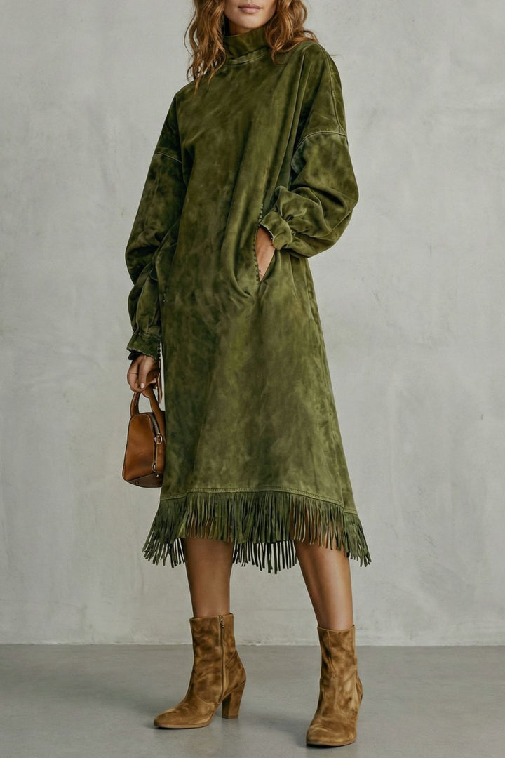 Valdrina – Suede Fringe Detail – Midi Turtleneck Dress