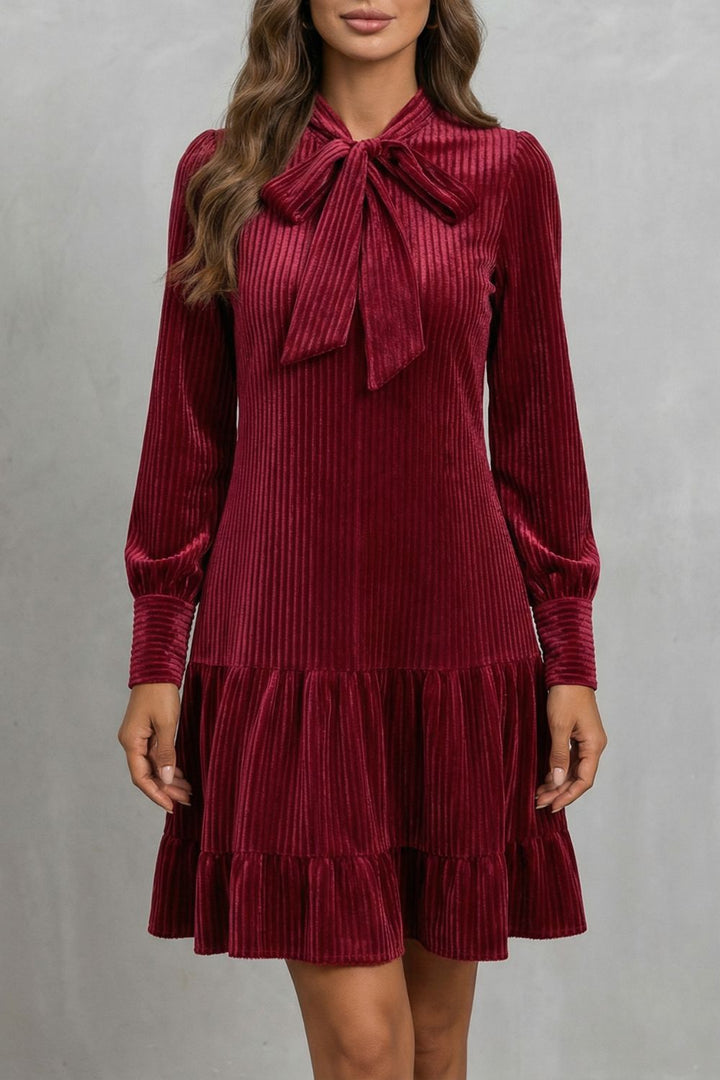 Valeriane – Bow Tie Detail – Velvety Corduroy Mini Dress