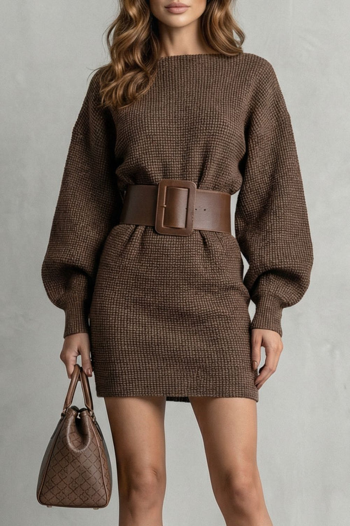 Aderisse – Structured Knit Fit – Belted Mini Dress (Belt Included)