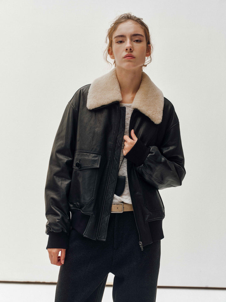 Shearling-Collar Leather Jacket