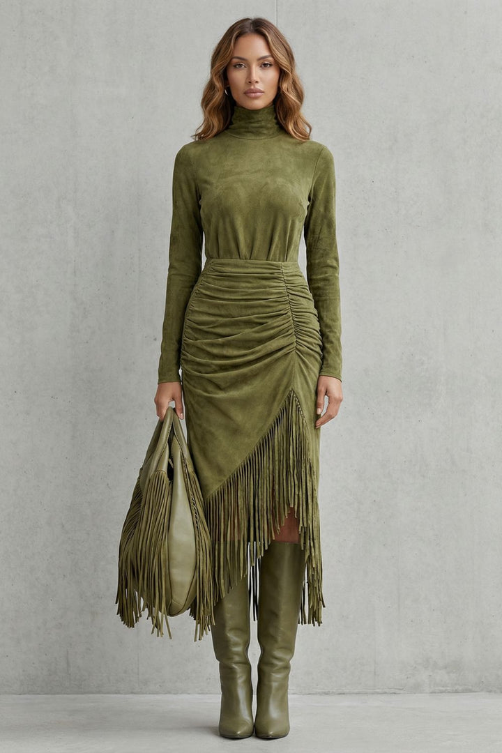 Soléna – Ruched Fringe Detail – Midi Dress