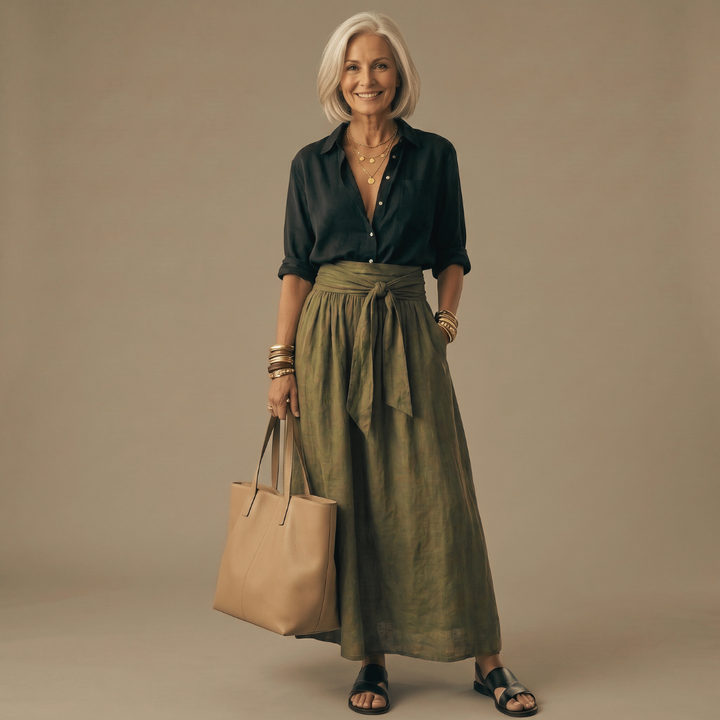 SAHARA | Two-Piece Set: Black Top and Olive Green Midi Skirt