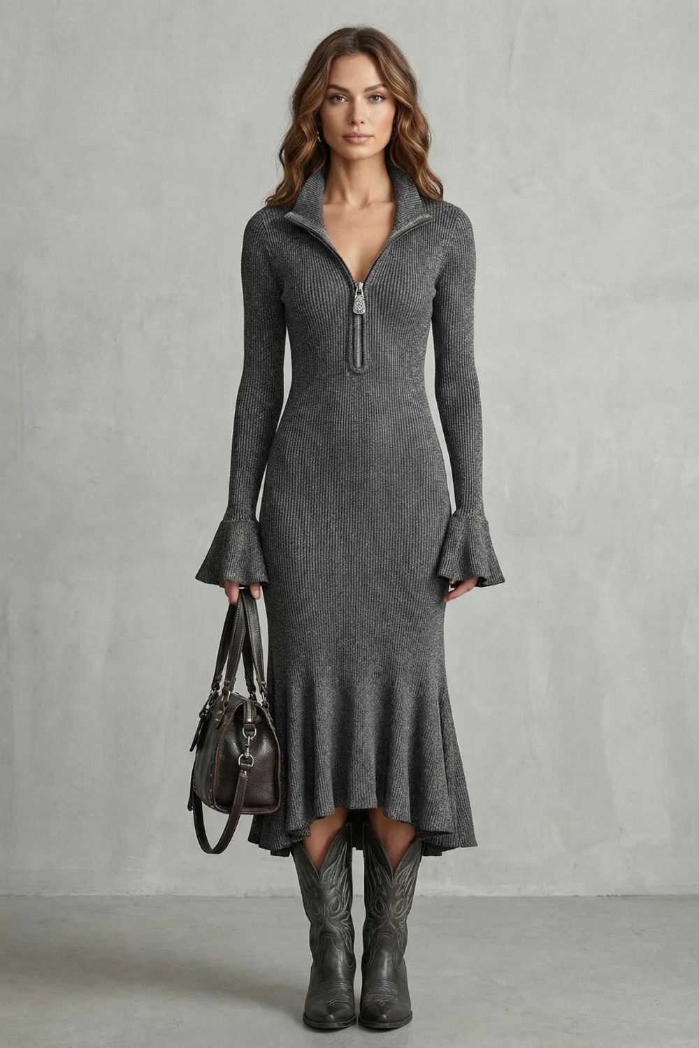 Veloria – Flared Cuff Elegance – Zip Midi Dress