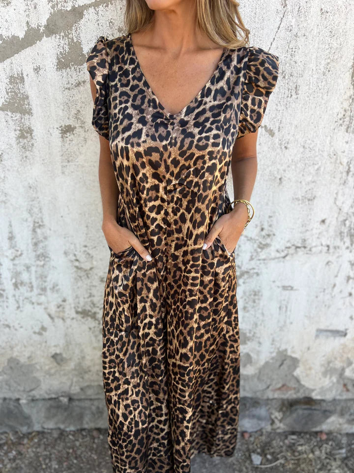 Emma-Leopard Print V-Neck Jumpsuit