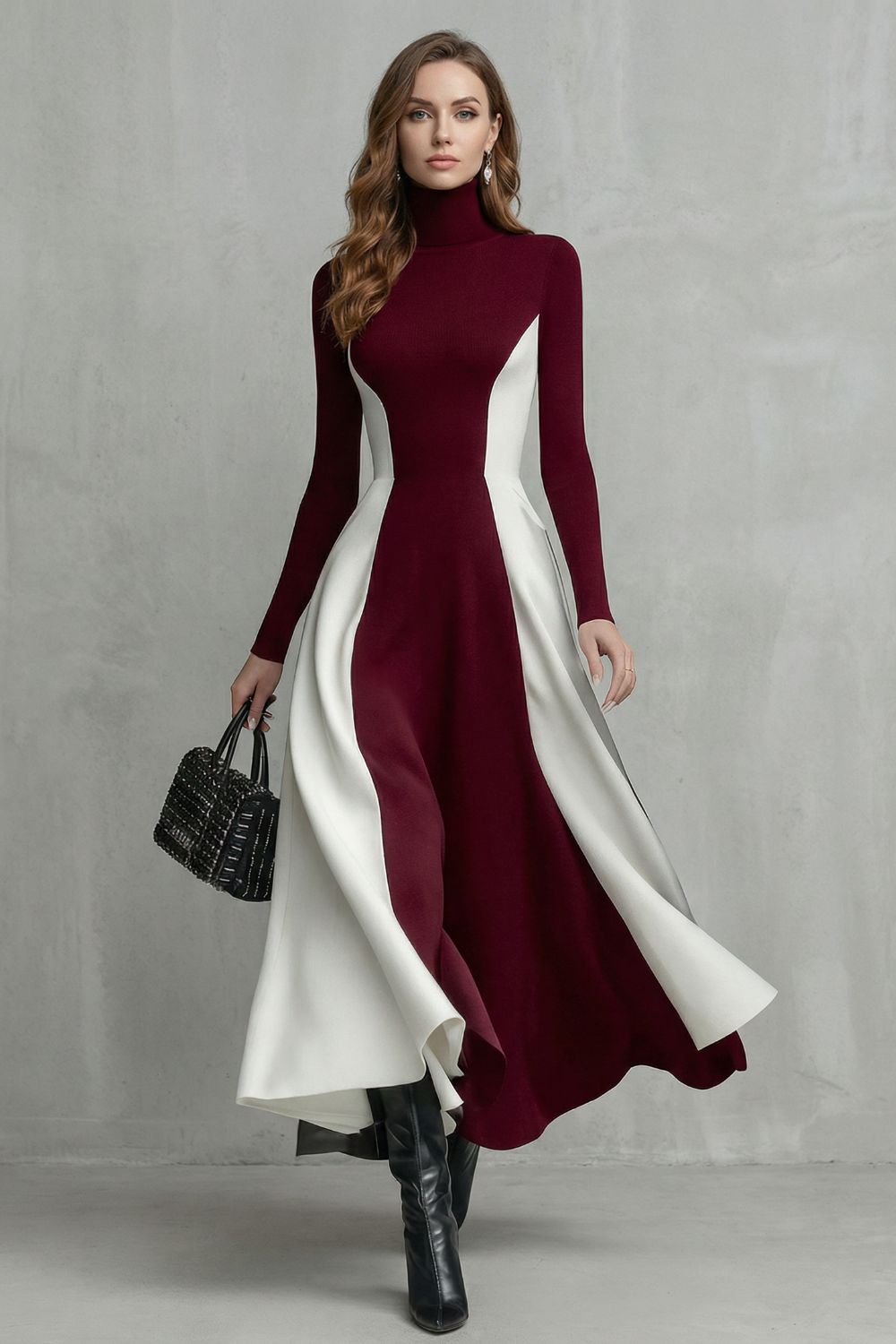 Mariveille – Sculpted Contrast Flow – Turtleneck Dress