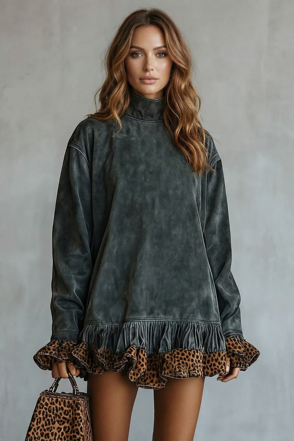Selvatta – Leopard Trim Ruffle – Suede Mini Dress