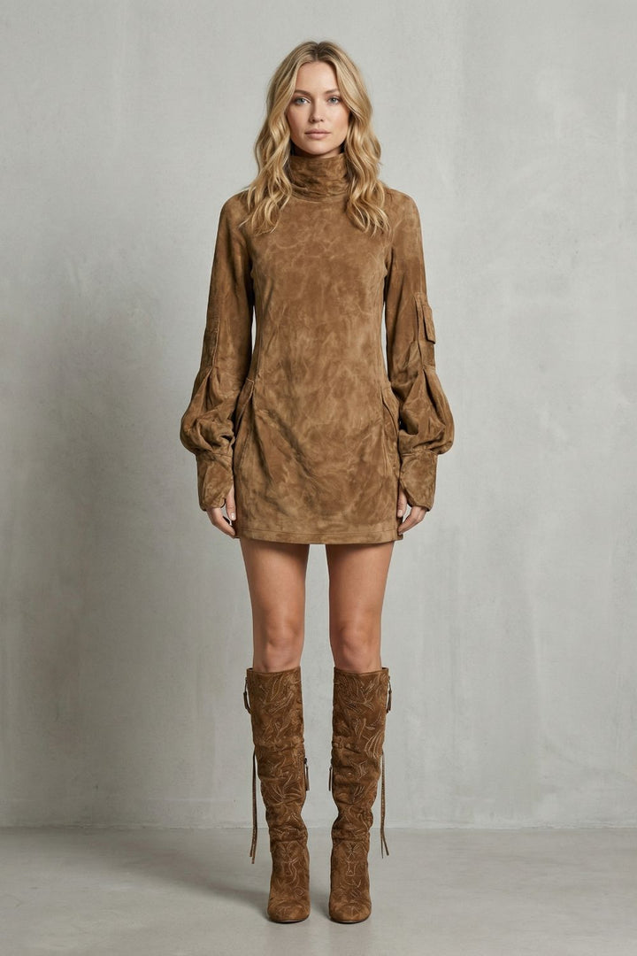 Marcella – High Neck Silhouette – Suede-Effect Mini Dress
