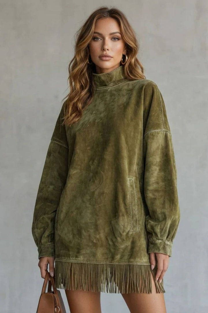 Viretta – Suede Fringe Detail – Turtleneck Mini Dress