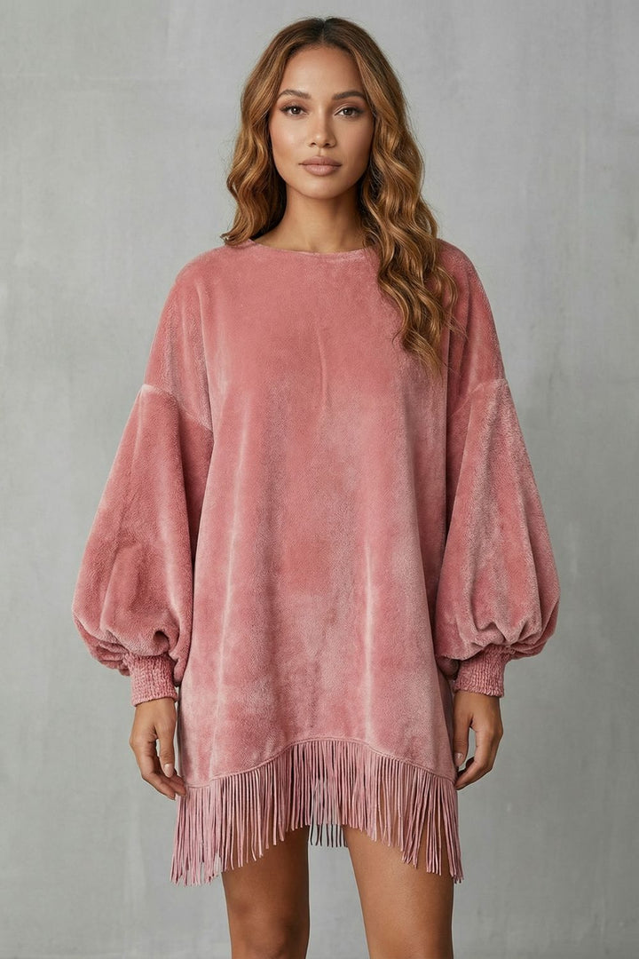 Bellurie – Voluminous Sleeves – Fringe Mini Dress