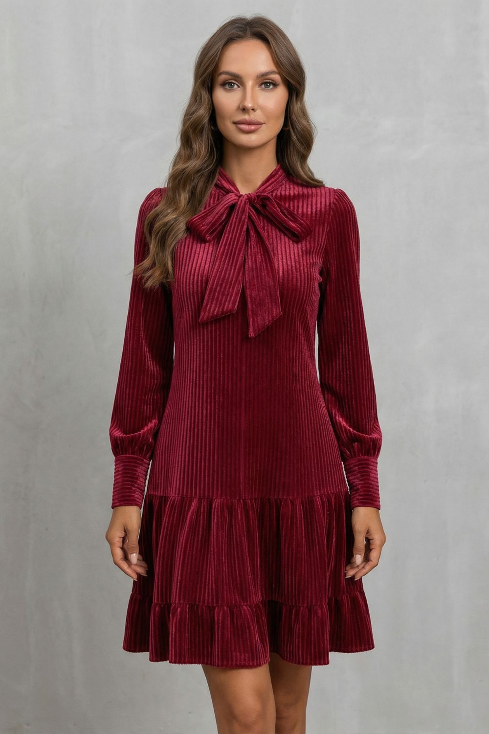 Valeriane – Bow Tie Detail – Velvety Corduroy Mini Dress