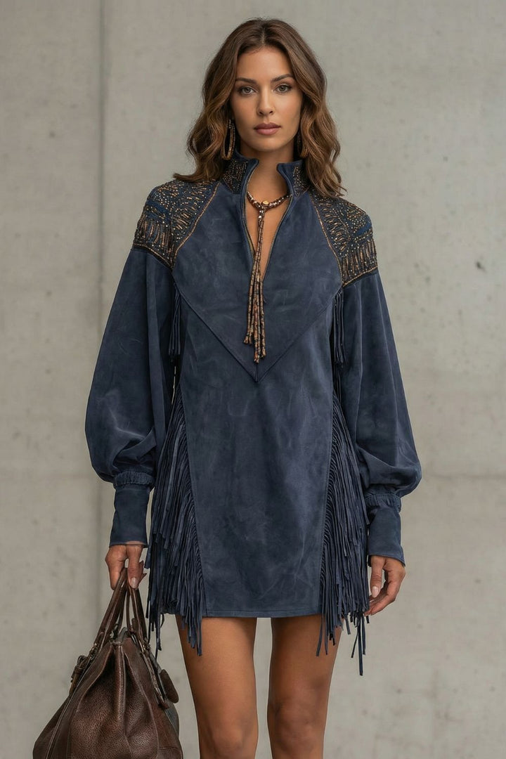 Calvetta – Embroidered Fringe Detail – Tunic Mini Dress