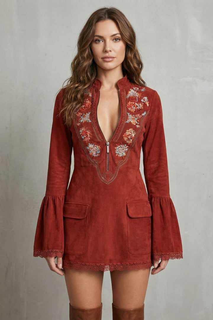 Rosavine – Embroidered Neckline – Suede Mini Dress