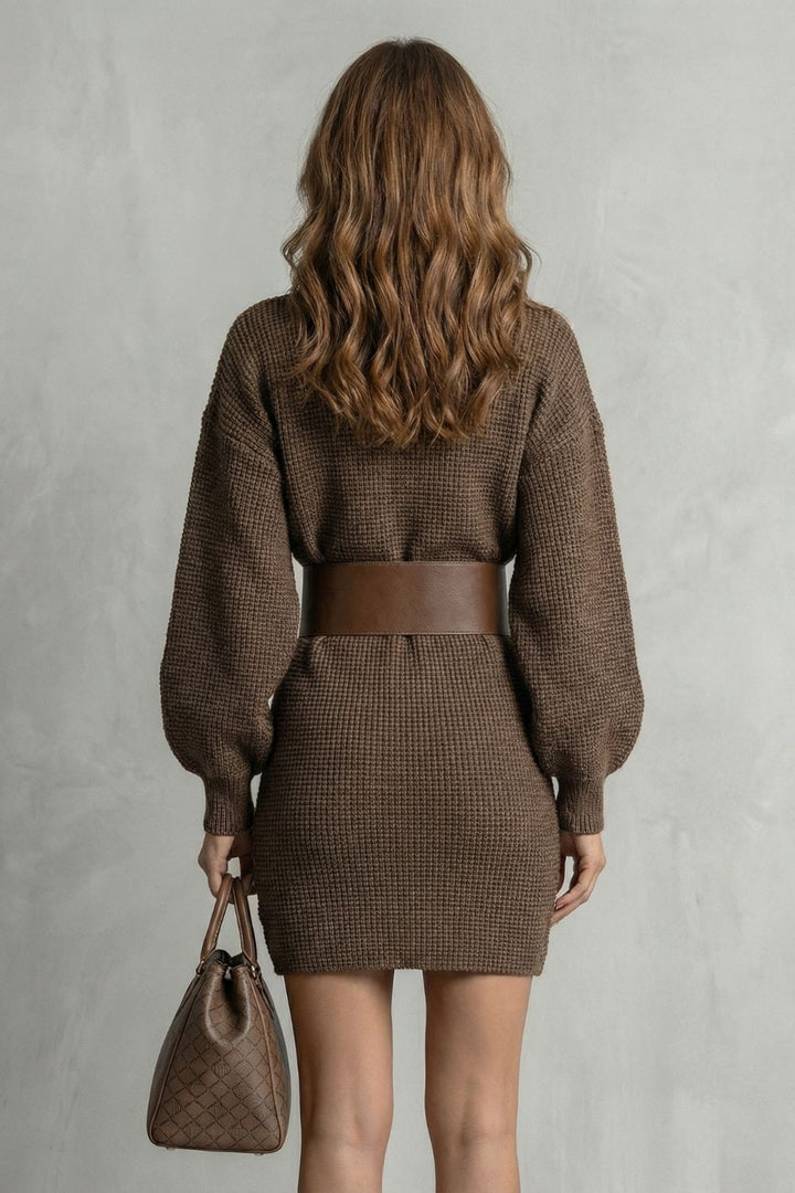 Aderisse – Structured Knit Fit – Belted Mini Dress (Belt Included)