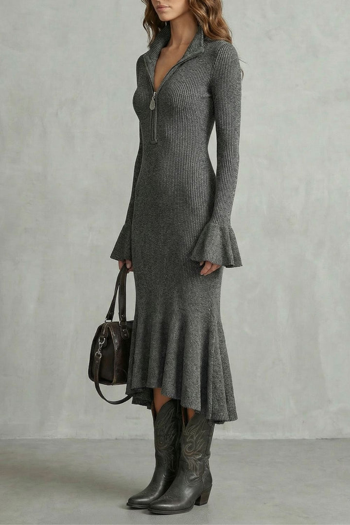Veloria – Flared Cuff Elegance – Zip Midi Dress
