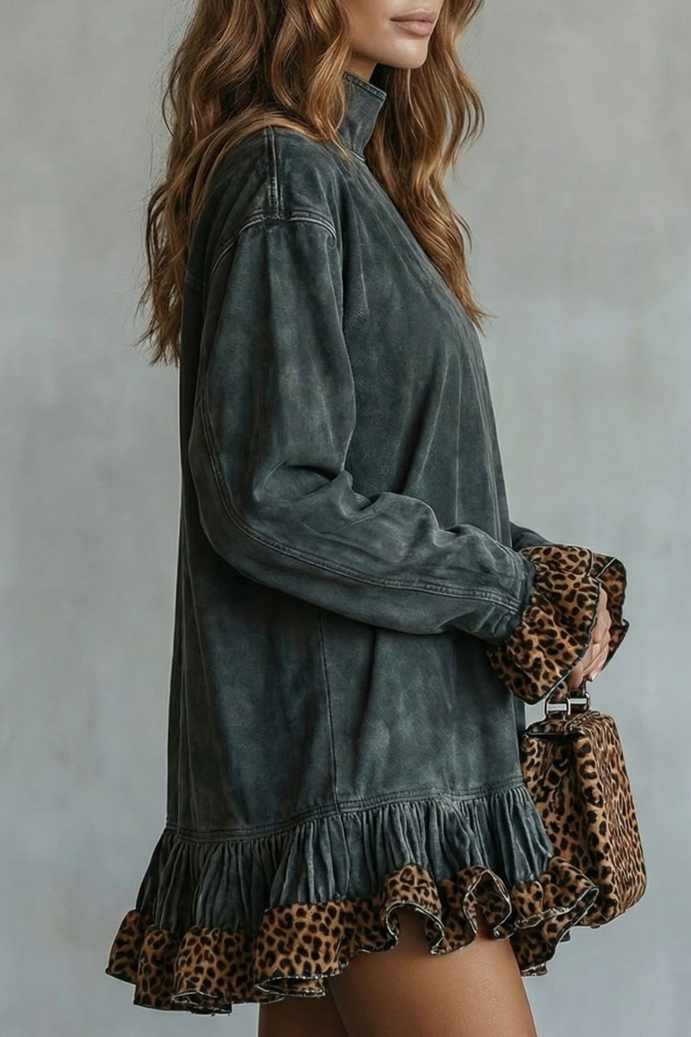 Selvatta – Leopard Trim Ruffle – Suede Mini Dress