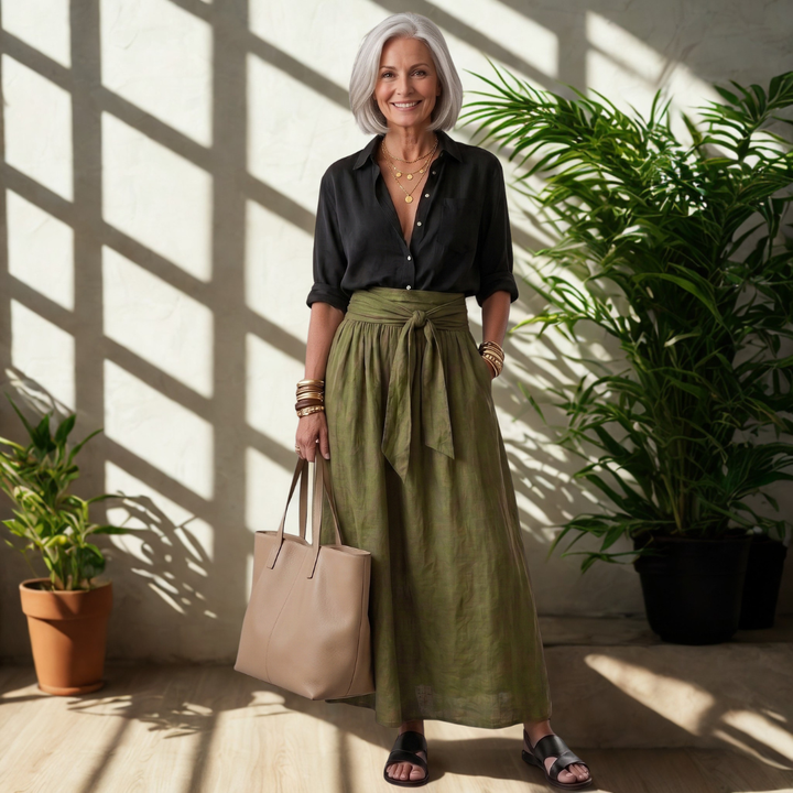 SAHARA | Two-Piece Set: Black Top and Olive Green Midi Skirt