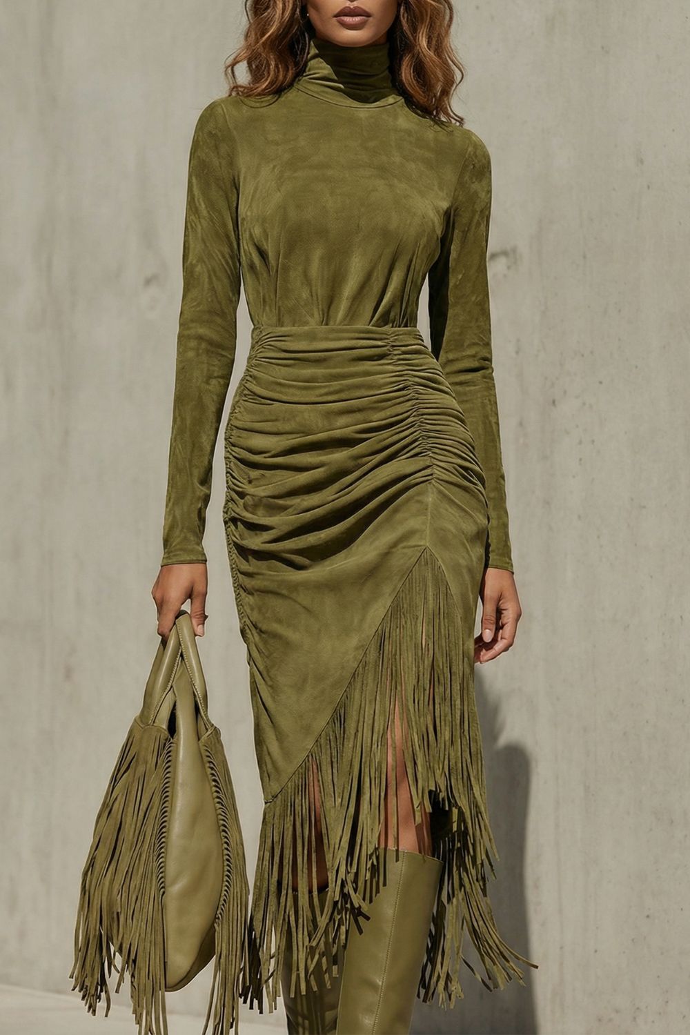 Soléna – Ruched Fringe Detail – Midi Dress