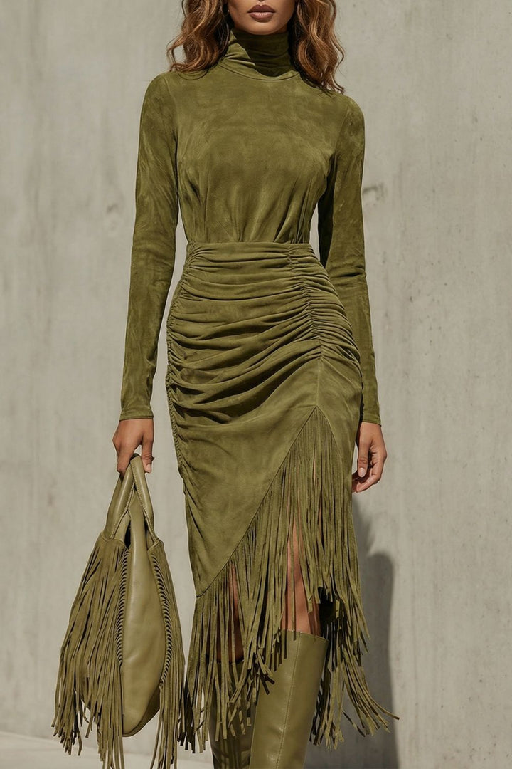 Soléna – Ruched Fringe Detail – Midi Dress