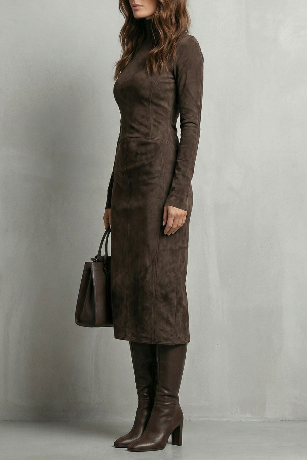 Levréne – Sculpted Suede Effect – Turtleneck Midi Dress