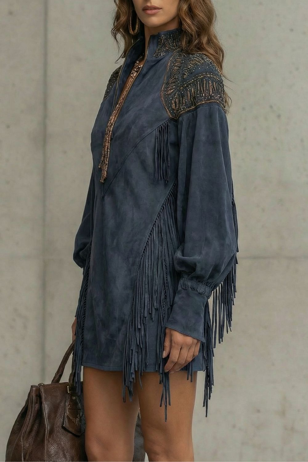 Calvetta – Embroidered Fringe Detail – Tunic Mini Dress