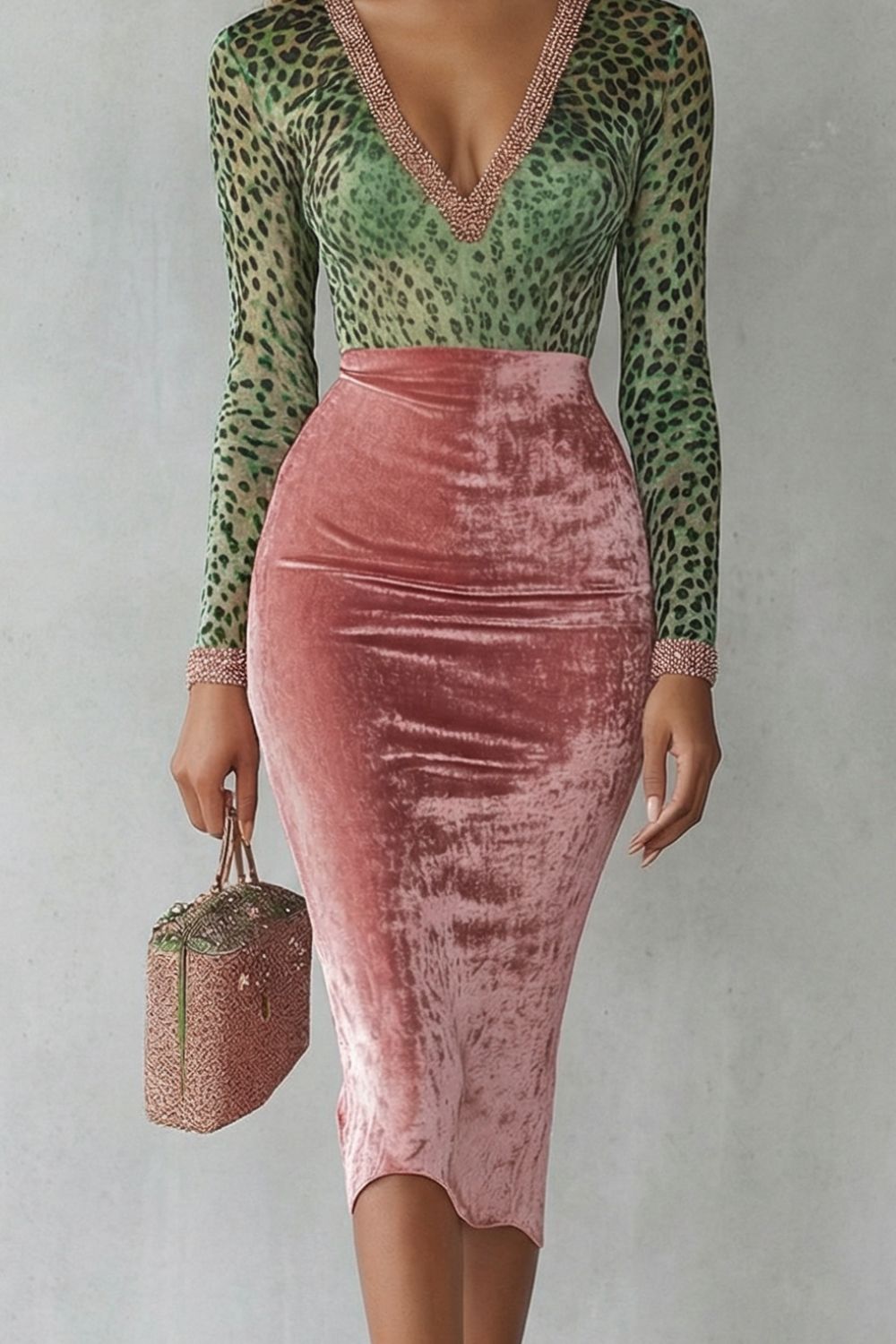 Virelline – Leopard Velvet Contrast – Bodycon Midi Dress