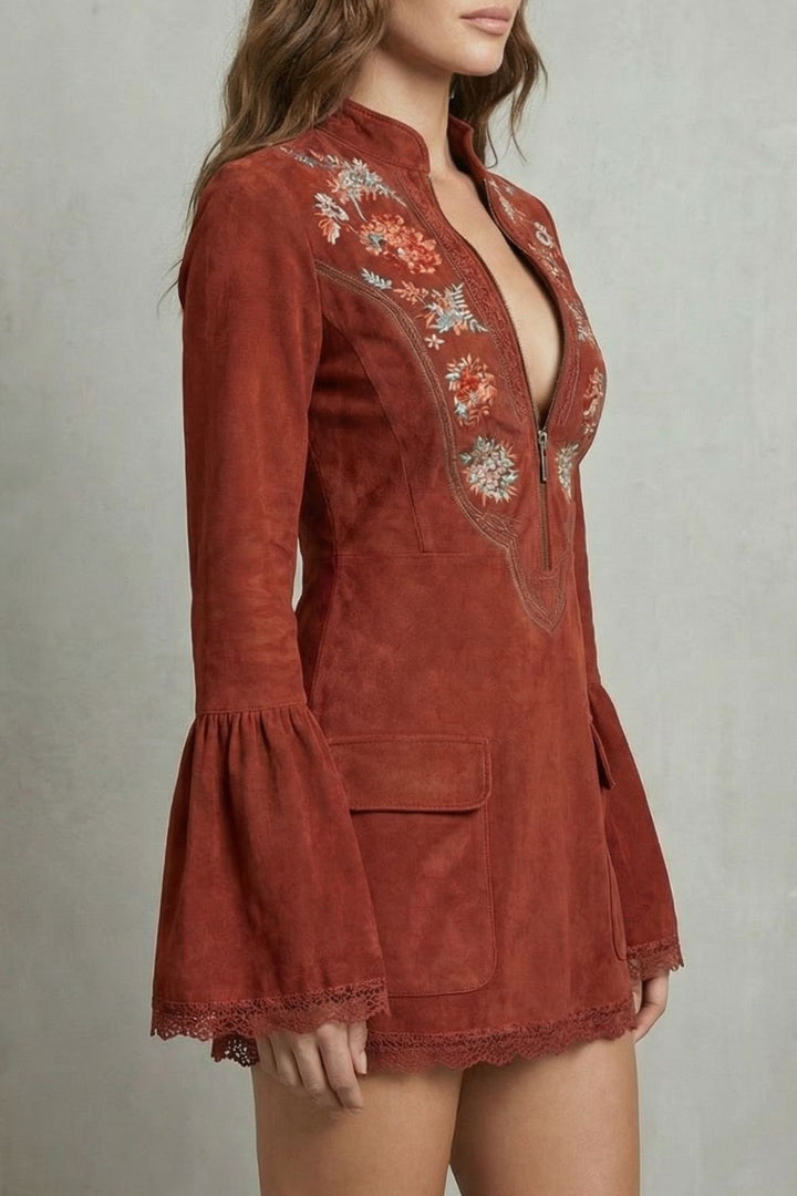 Rosavine – Embroidered Neckline – Suede Mini Dress