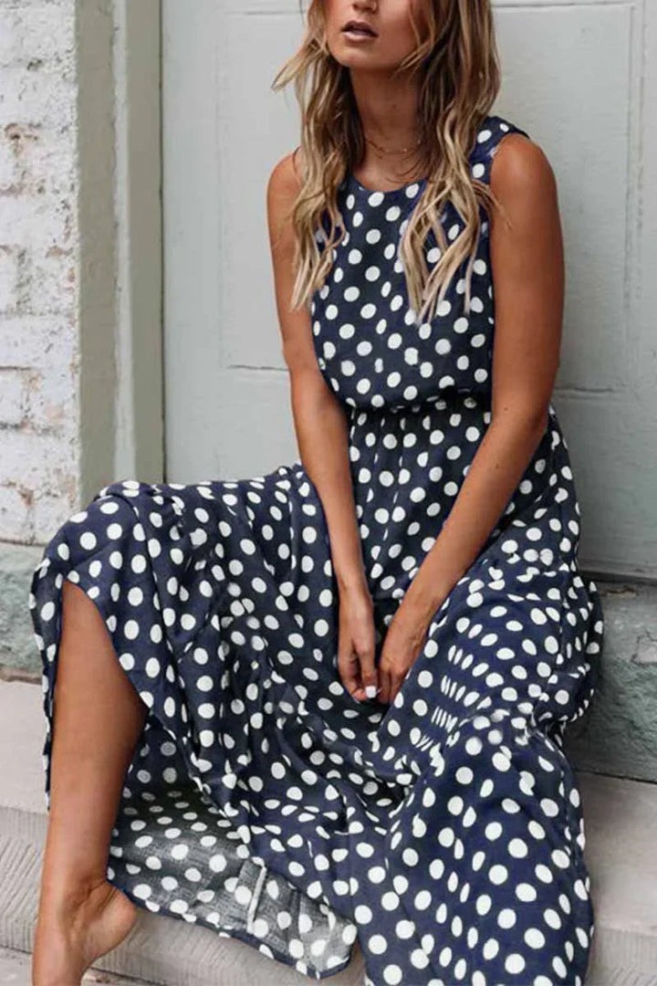 Seiva-Sleeveless Polka Dot Maxi Dress with Relaxed Fit