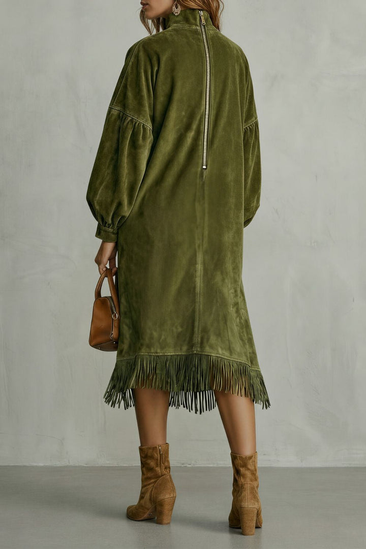Valdrina – Suede Fringe Detail – Midi Turtleneck Dress