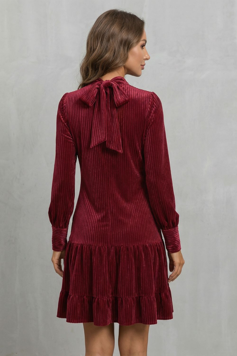 Valeriane – Bow Tie Detail – Velvety Corduroy Mini Dress