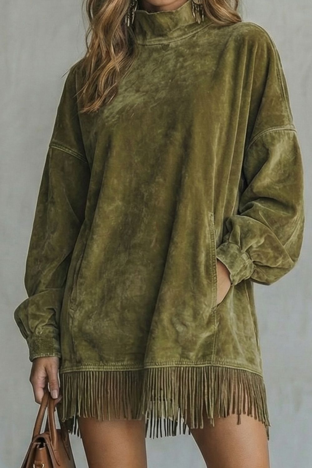 Viretta – Suede Fringe Detail – Turtleneck Mini Dress
