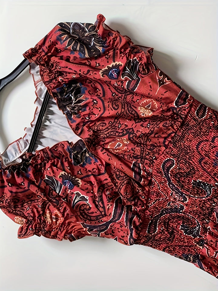 Joanne-Paisley Print Ruched Trim V-Neck Maxi Dress