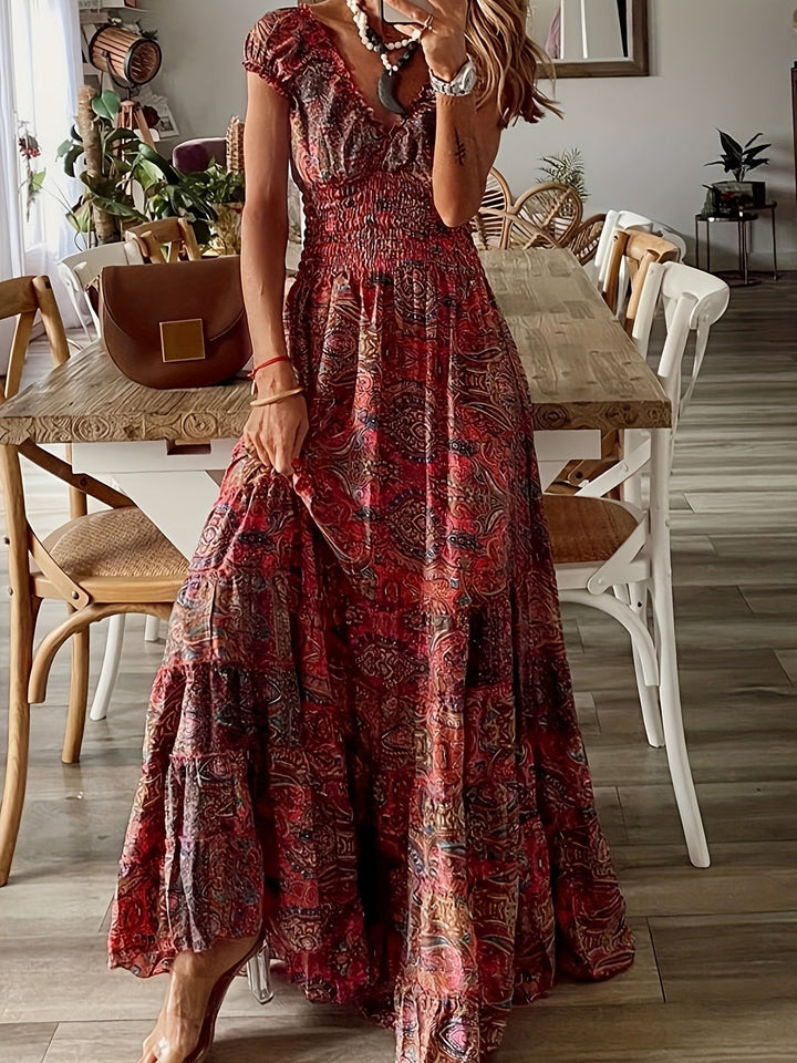 Joanne-Paisley Print Ruched Trim V-Neck Maxi Dress