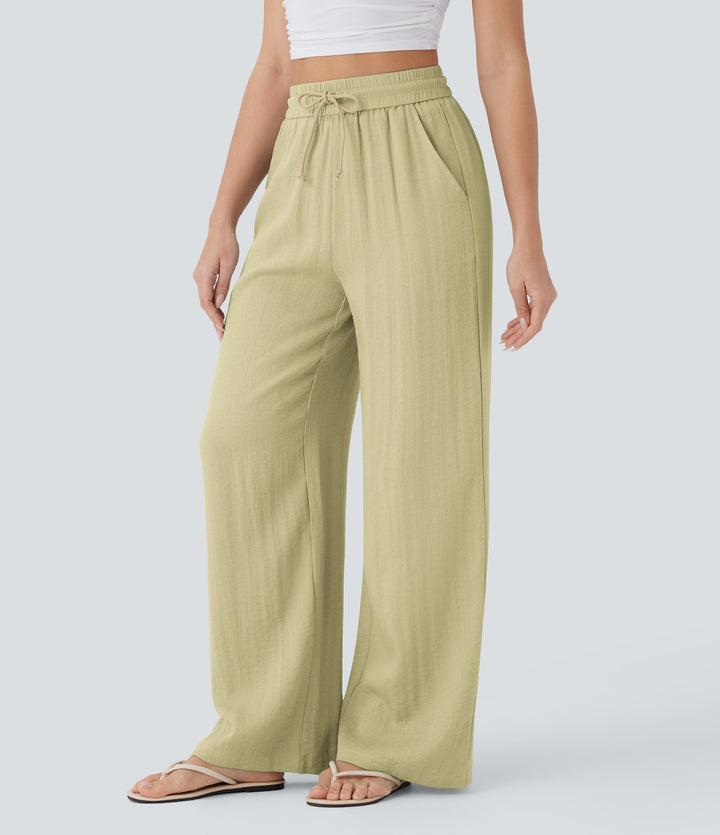 2026🔥 High Waisted Drawstring Pocket Wide Leg Casual Linen-Feel Pants