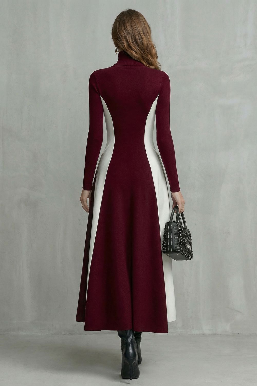 Mariveille – Sculpted Contrast Flow – Turtleneck Dress