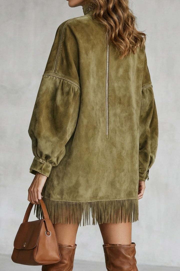 Viretta – Suede Fringe Detail – Turtleneck Mini Dress