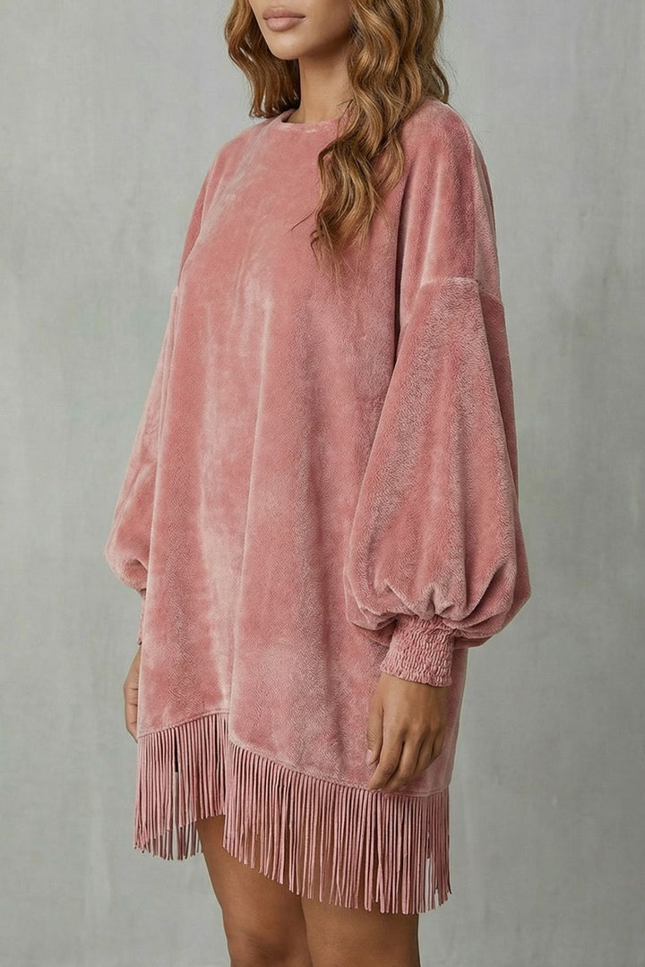 Bellurie – Voluminous Sleeves – Fringe Mini Dress