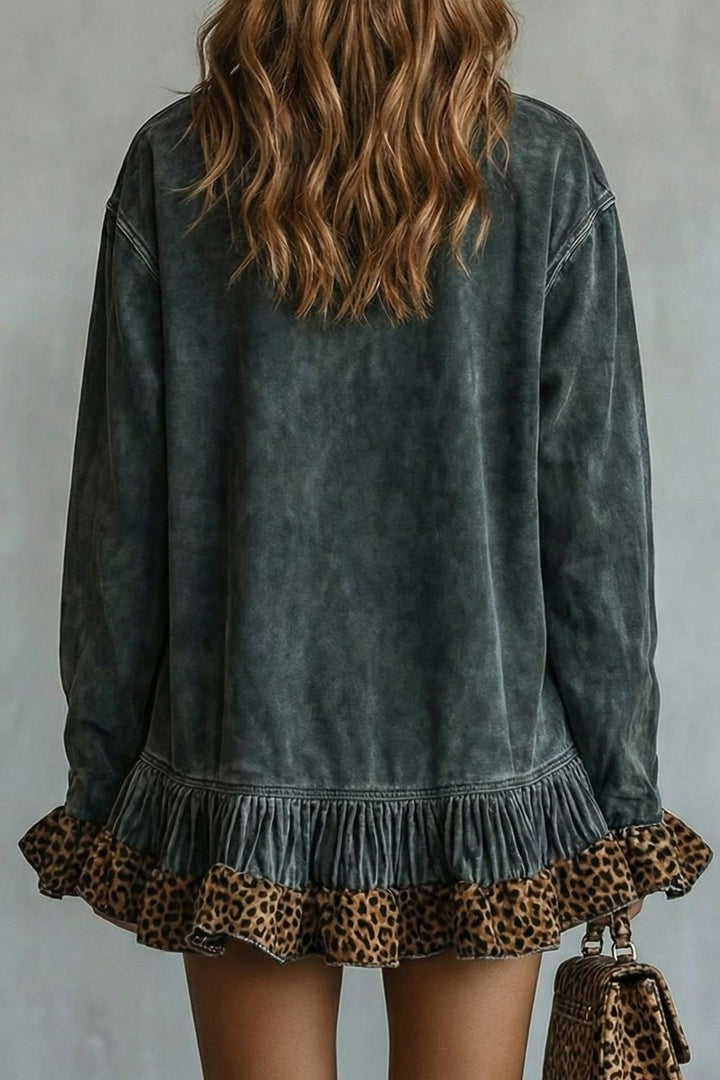 Selvatta – Leopard Trim Ruffle – Suede Mini Dress
