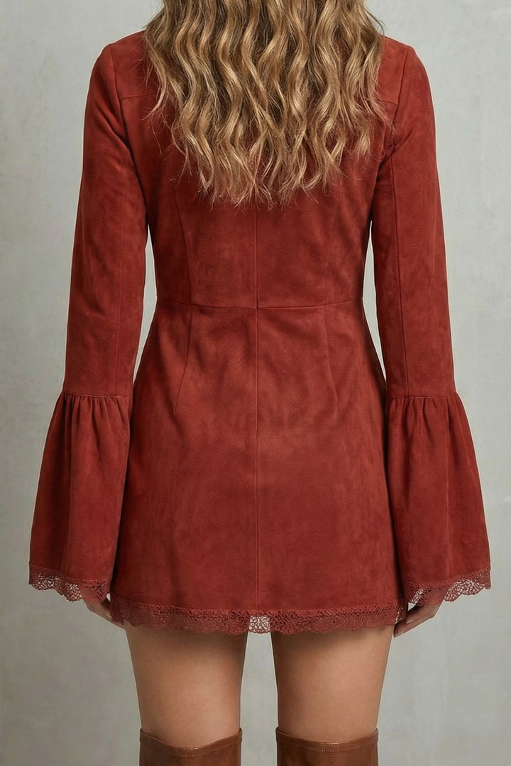 Rosavine – Embroidered Neckline – Suede Mini Dress