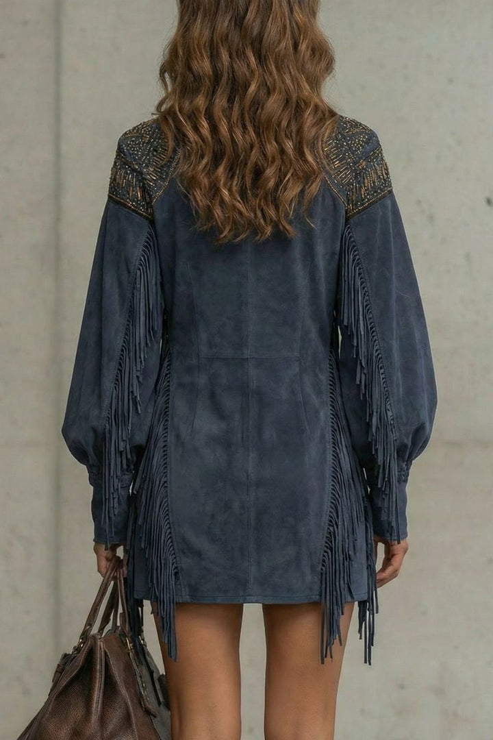 Calvetta – Embroidered Fringe Detail – Tunic Mini Dress