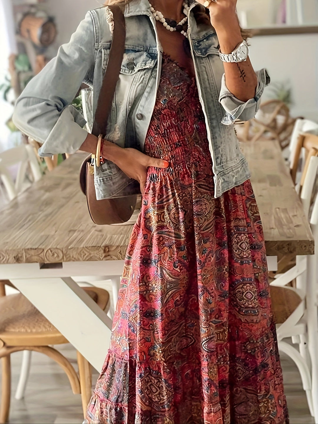 Joanne-Paisley Print Ruched Trim V-Neck Maxi Dress