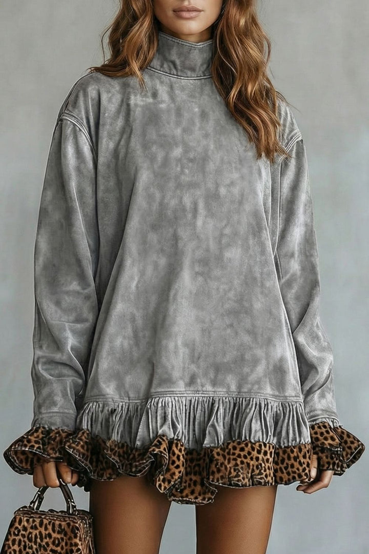 Selvatta – Leopard Trim Ruffle – Suede Mini Dress