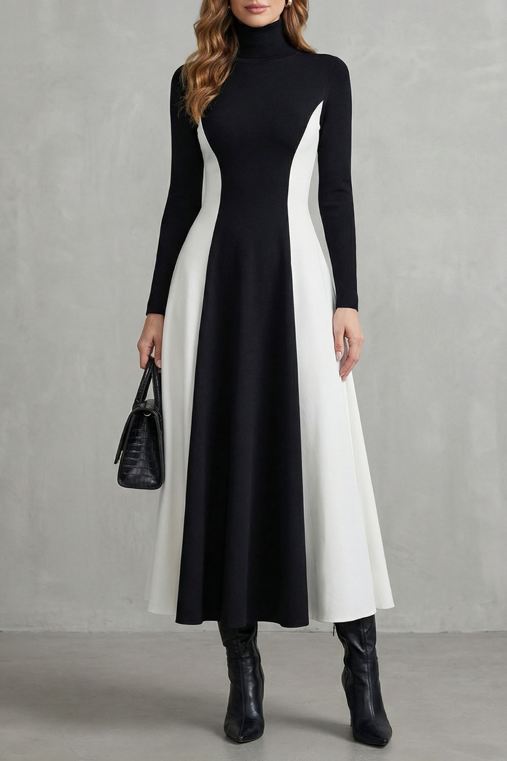 Mariveille – Sculpted Contrast Flow – Turtleneck Dress