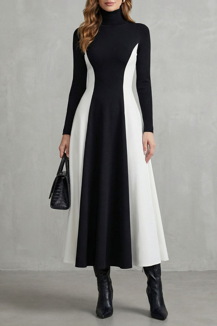 Mariveille – Sculpted Contrast Flow – Turtleneck Dress