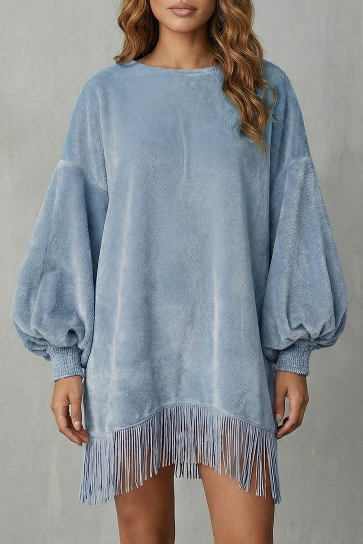 Bellurie – Voluminous Sleeves – Fringe Mini Dress