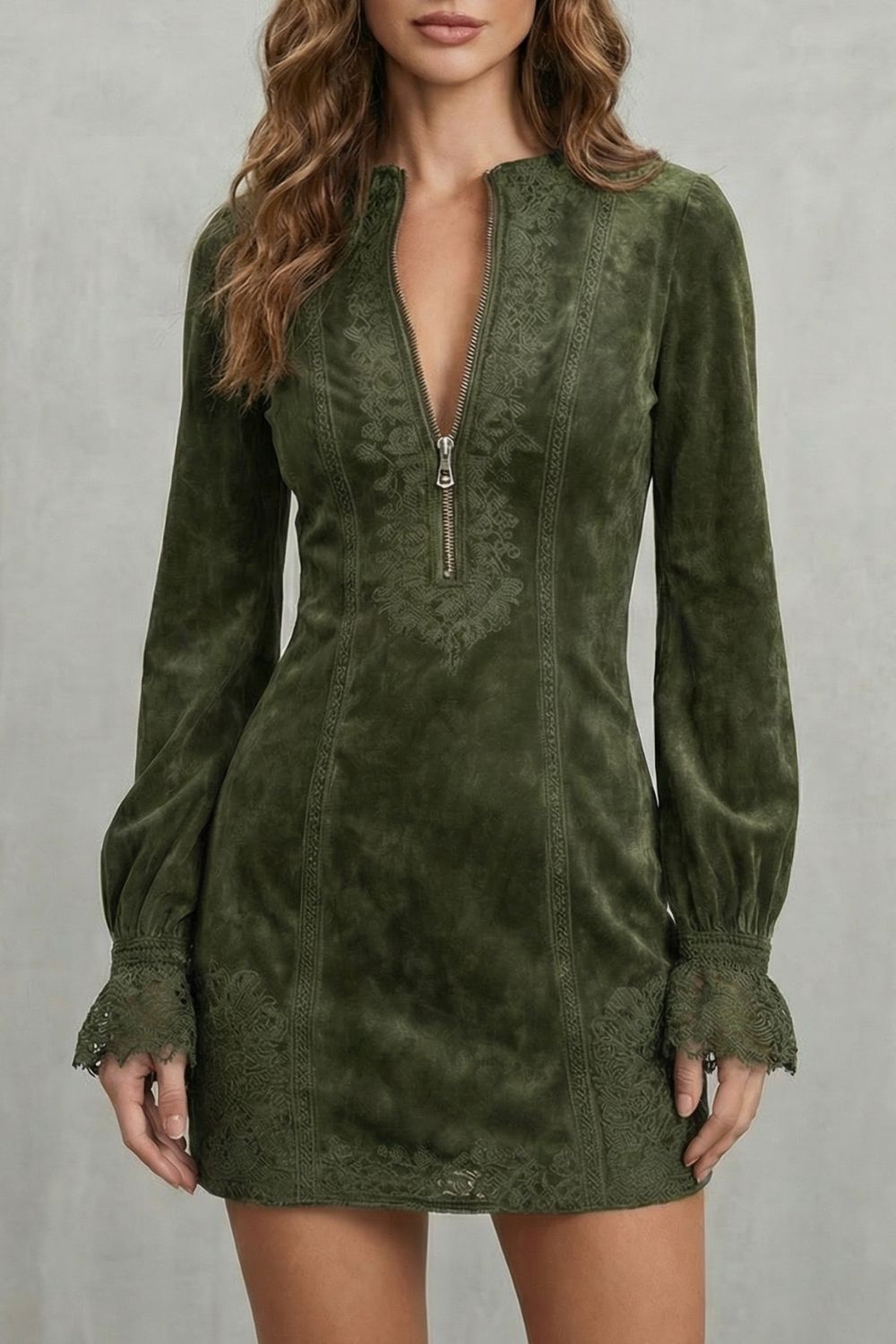 Avenelle – Embroidered Detail – Zip-Front Mini Dress